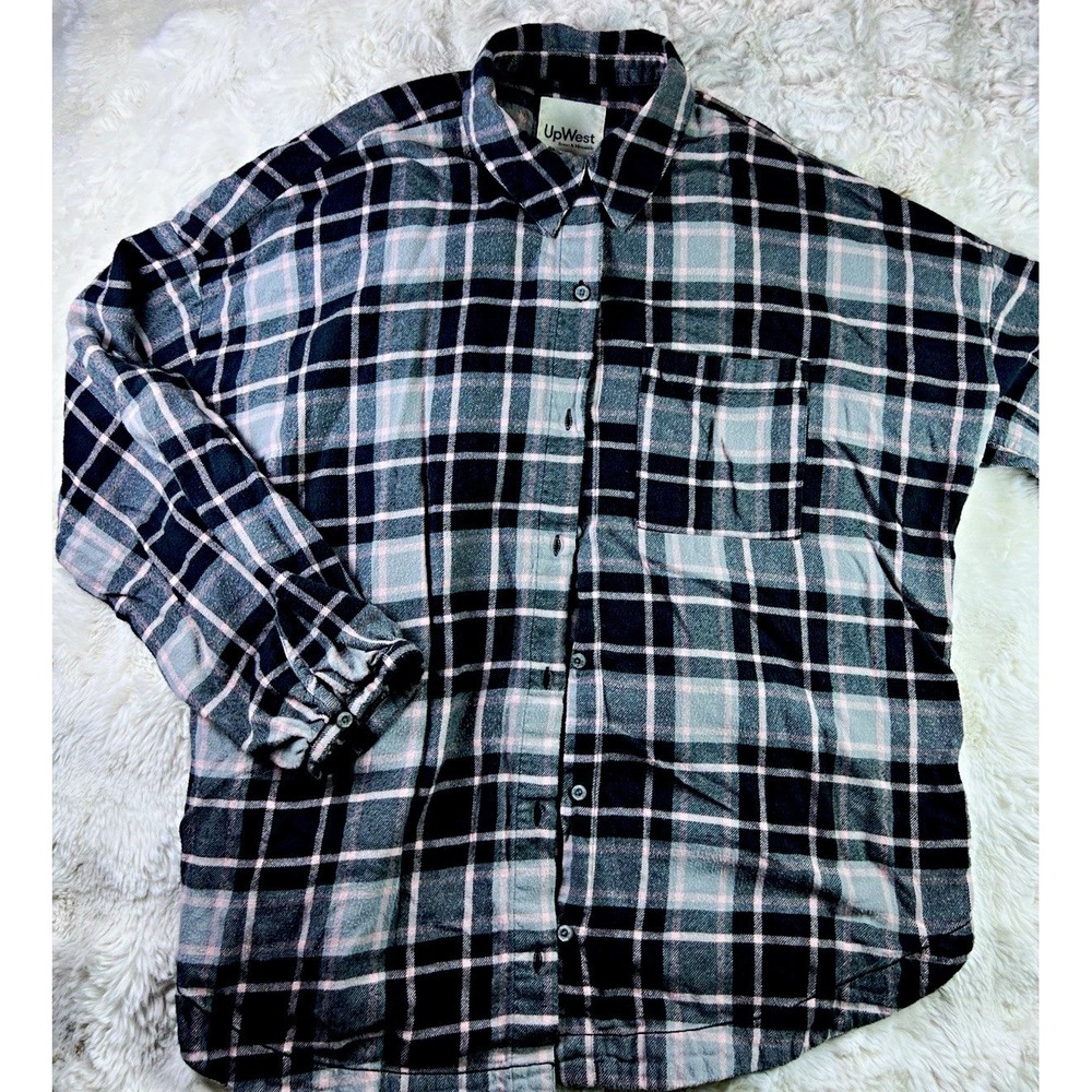 UpWest Mens M Gray/Black/Pink Plaid Long Sleeve Button-Up Point Collar Shirt A27